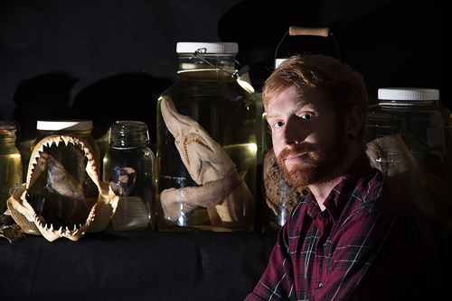 Featured: goblin shark, oarfish (behind Ben), Bathysaurus, a Sarcastic Fringehead, white shark jaw and a stonefish (© Scripps Institution of Oceanography)